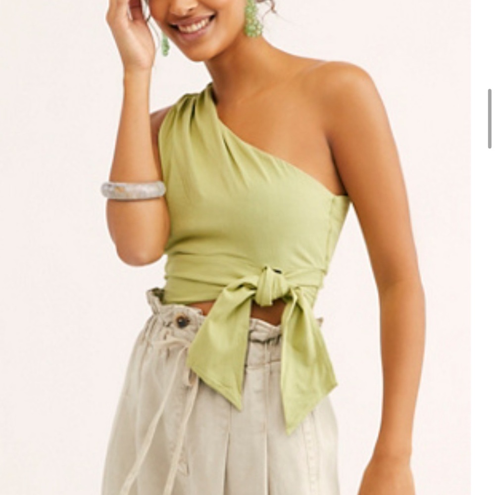 Free People Light Green One-Shoulder Tie-Front Crop Top